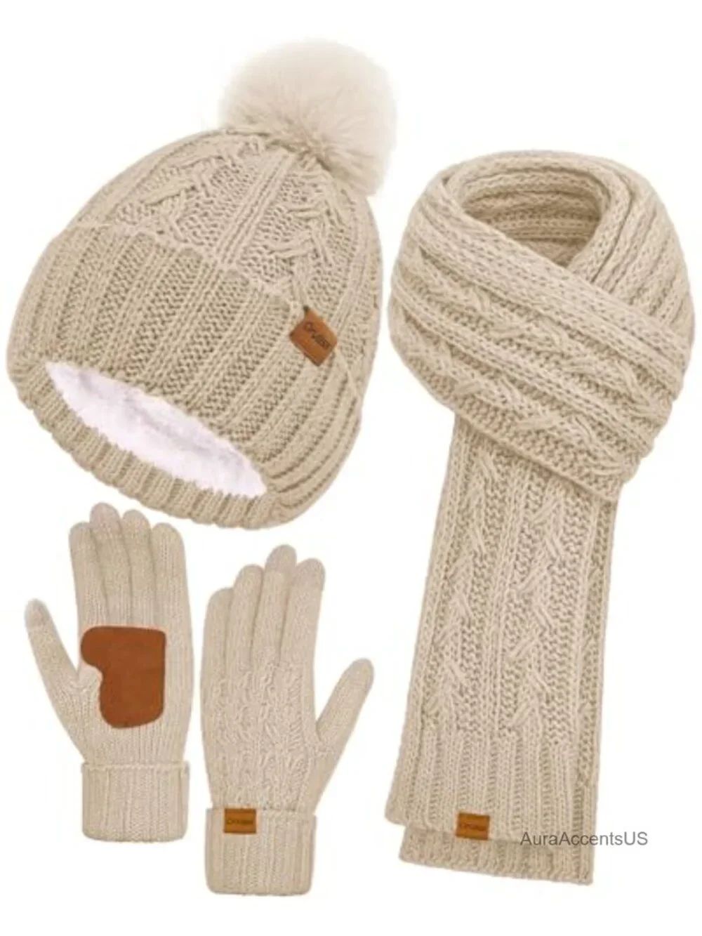 Winter Beanie Hat Scarf Gloves Set, Fleece Lined Knit Pompom Touchscreen Mittens
